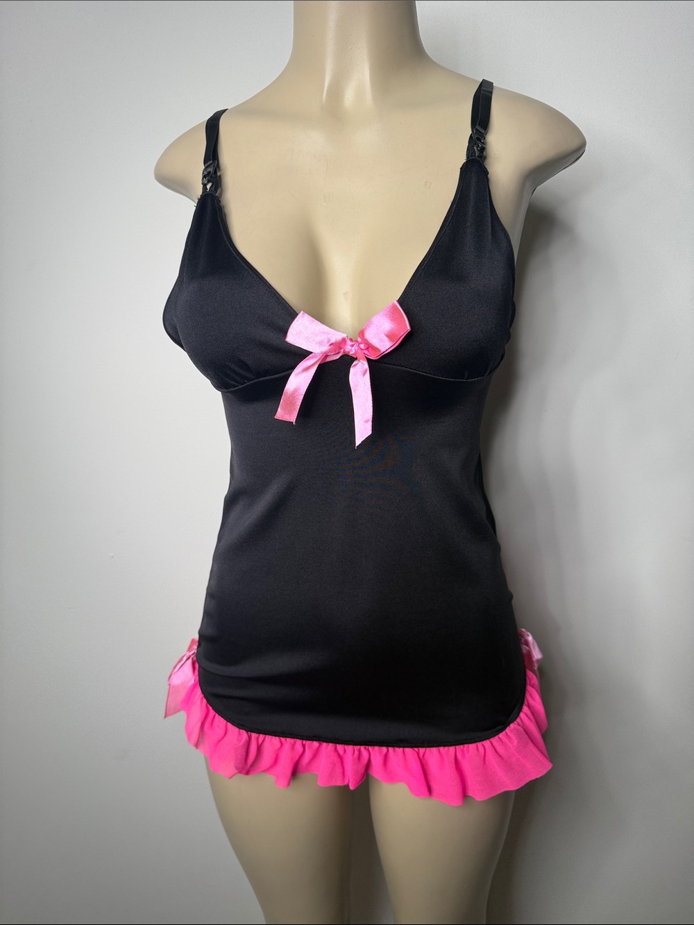 Leg Avenue Black Chemise with Pink Satin Bow & Ruffle Hem